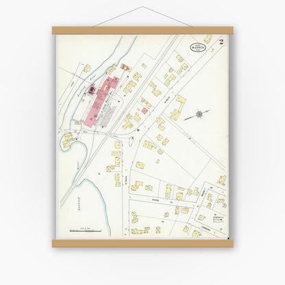 Old map wall art mockup — magnetic wood frame on white wall — Sanborn Fire Insurance Map from Warren, Worcester County, Massachusetts (1911), Sheet #0002