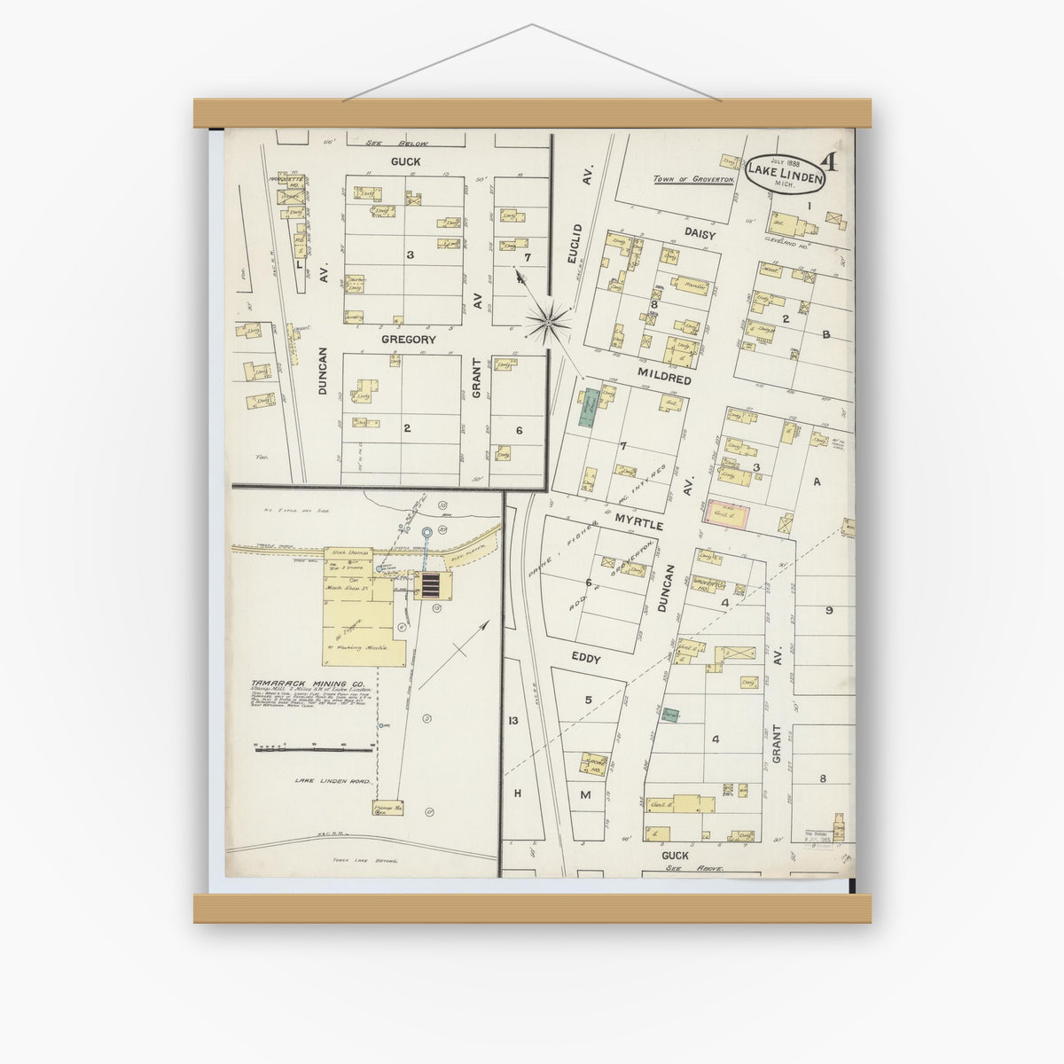 Old map wall art mockup — magnetic wood frame on white wall — Sanborn Fire Insurance Map from Lake Linden, Houghton County, Michigan (1888), Sheet #0004