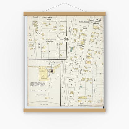 Old map wall art mockup — magnetic wood frame on white wall — Sanborn Fire Insurance Map from Lake Linden, Houghton County, Michigan (1888), Sheet #0004