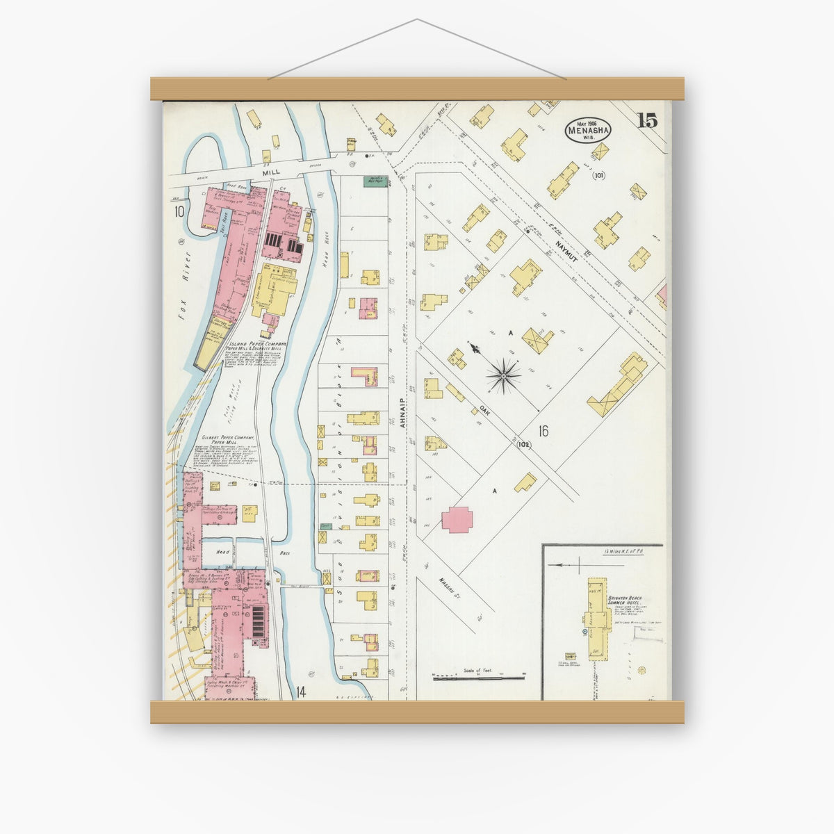 Old map wall art mockup — magnetic wood frame on white wall — Sanborn Fire Insurance Map from Menasha, Winnebago County, Wisconsin (1906), Sheet #0015