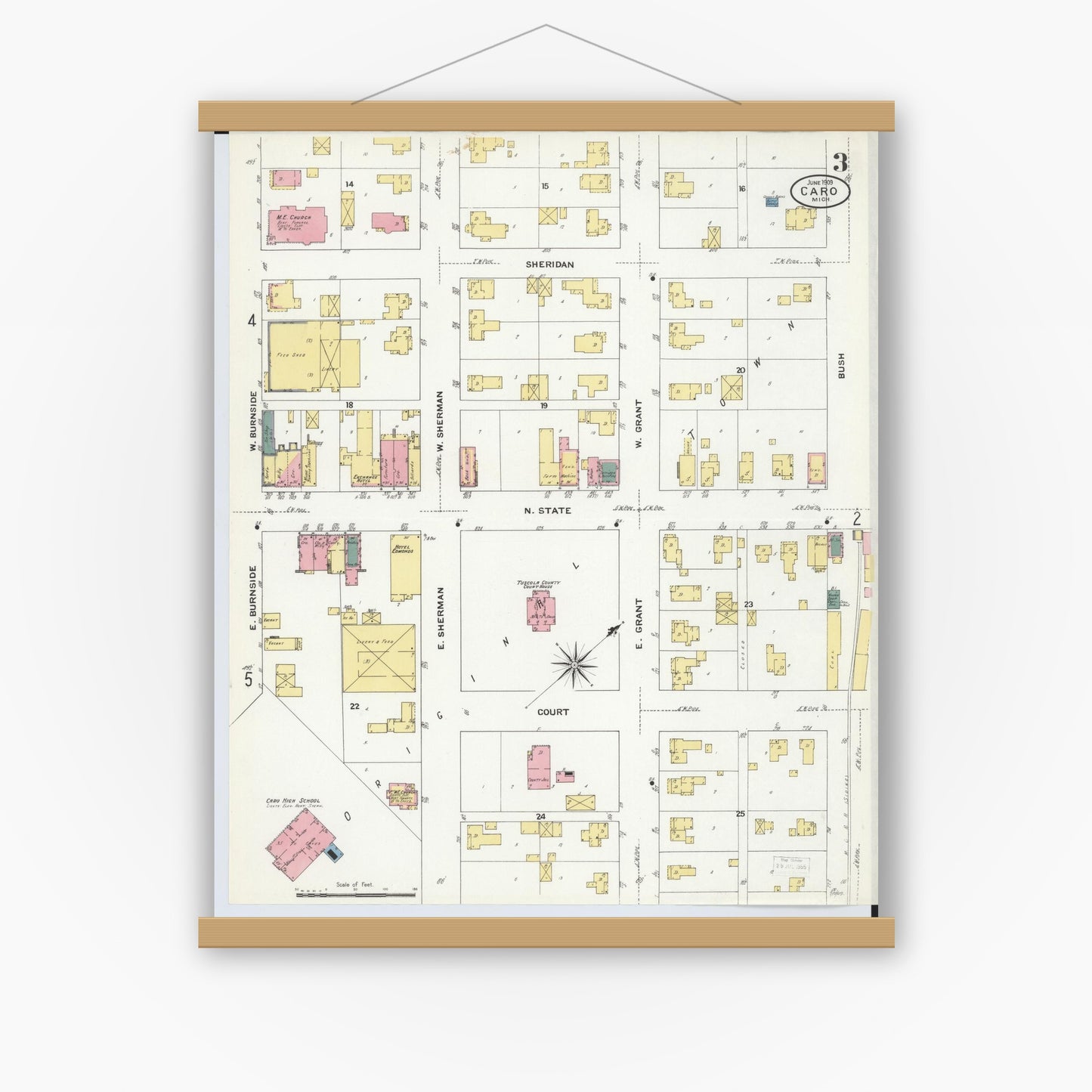 Old map wall art mockup — magnetic wood frame on white wall — Sanborn Fire Insurance Map from Caro, Tuscola County, Michigan (1909), Sheet #0003
