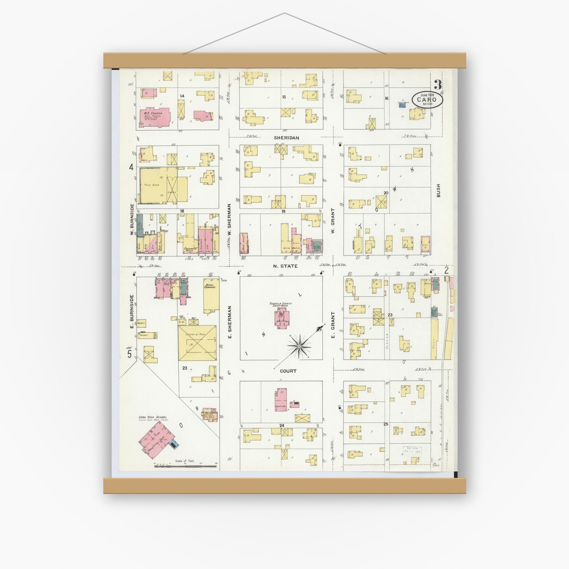 Old map wall art mockup — magnetic wood frame on white wall — Sanborn Fire Insurance Map from Caro, Tuscola County, Michigan (1909), Sheet #0003