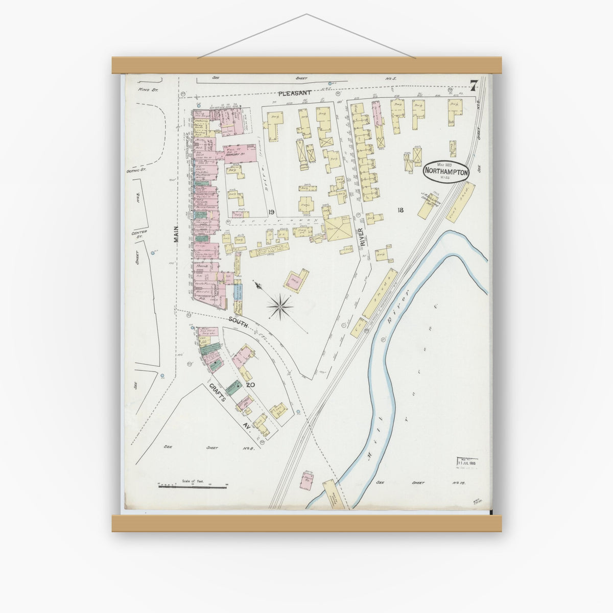 Old map wall art mockup — magnetic wood frame on white wall — Sanborn Fire Insurance Map from Northampton, Hampshire County, Massachusetts (1889), Sheet #0007