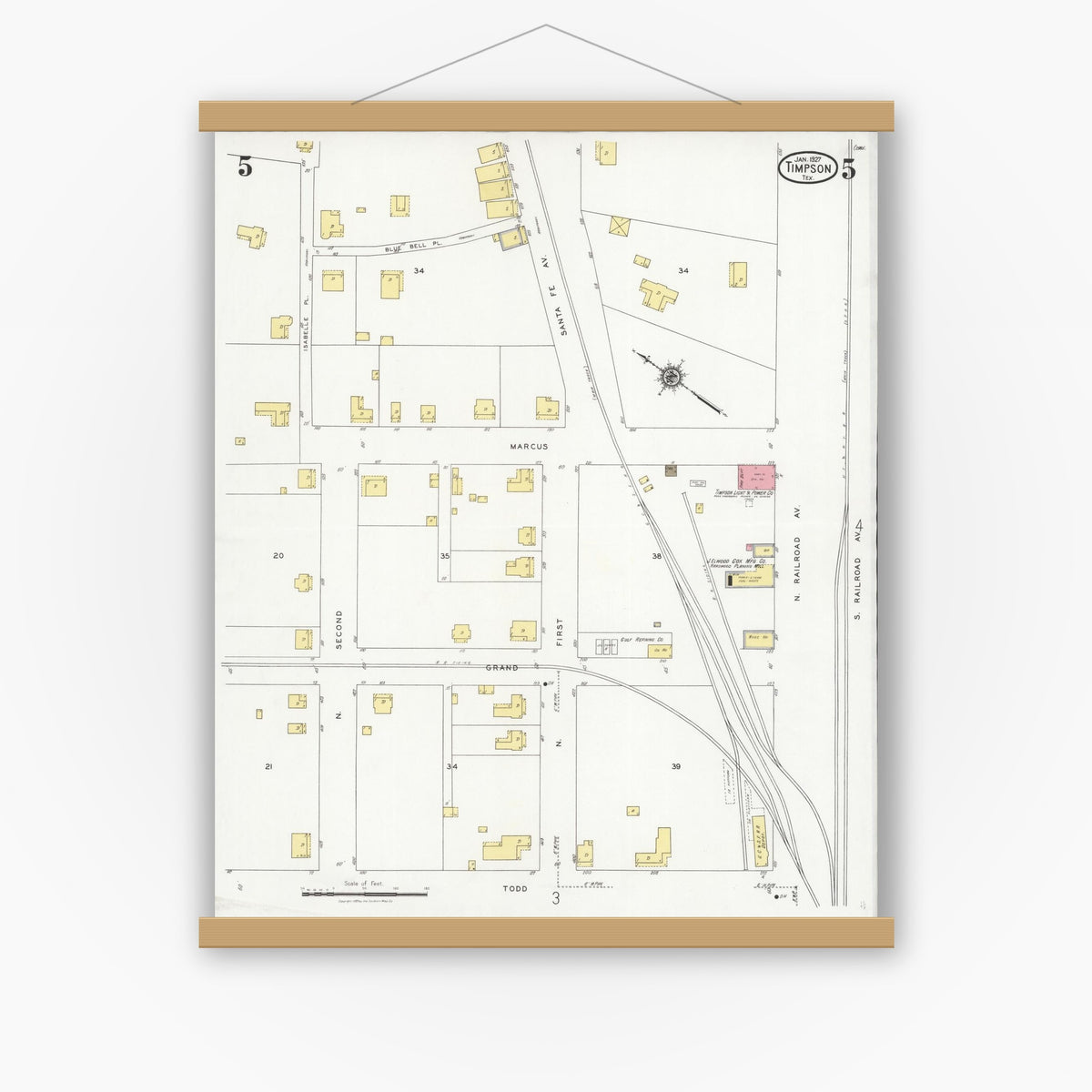 Old map wall art mockup — magnetic wood frame on white wall — Sanborn Fire Insurance Map from Timpson, Shelby County, Texas (1927), Sheet #0005