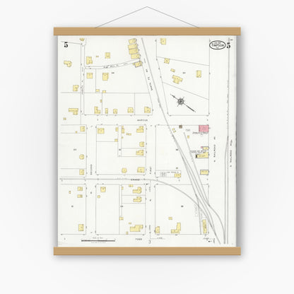 Old map wall art mockup — magnetic wood frame on white wall — Sanborn Fire Insurance Map from Timpson, Shelby County, Texas (1927), Sheet #0005