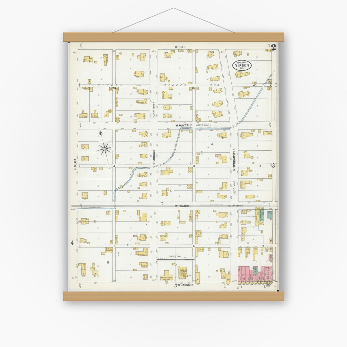 Old map wall art mockup — magnetic wood frame on white wall — Sanborn Fire Insurance Map from Virden, Macoupin County, Illinois (1900), Sheet #0002
