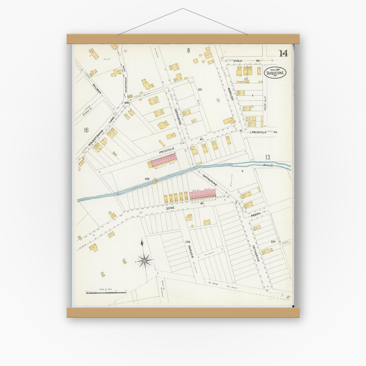 Old map wall art mockup — magnetic wood frame on white wall — Sanborn Fire Insurance Map from Duquesne, Allegheny County, Pennsylvania (1907), Sheet #0014