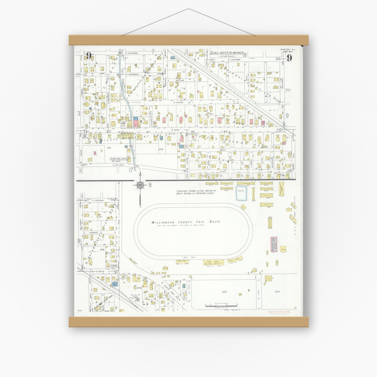Old map wall art mockup — magnetic wood frame on white wall — Sanborn Fire Insurance Map from Marion, Williamson County, Illinois (1937), Sheet #0009