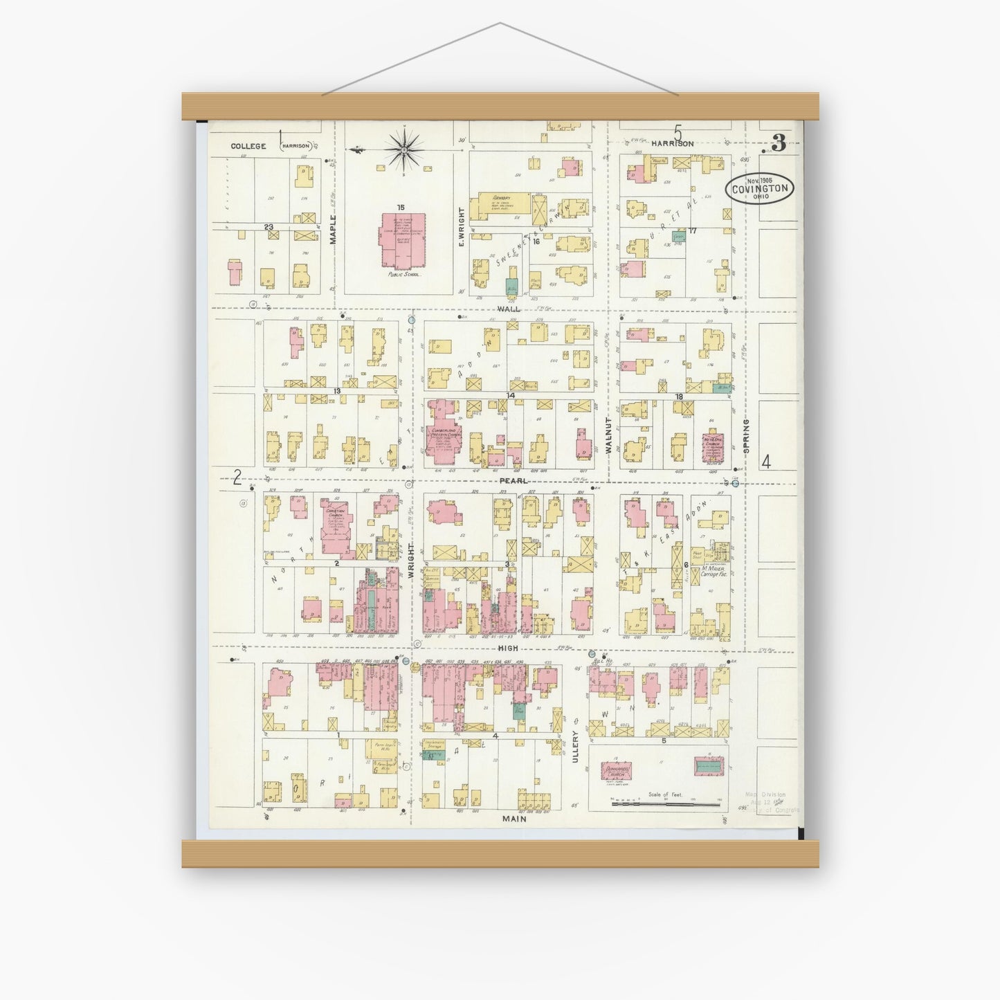Old map wall art mockup — magnetic wood frame on white wall — Sanborn Fire Insurance Map from Covington, Miami County, Ohio (1905), Sheet #0003