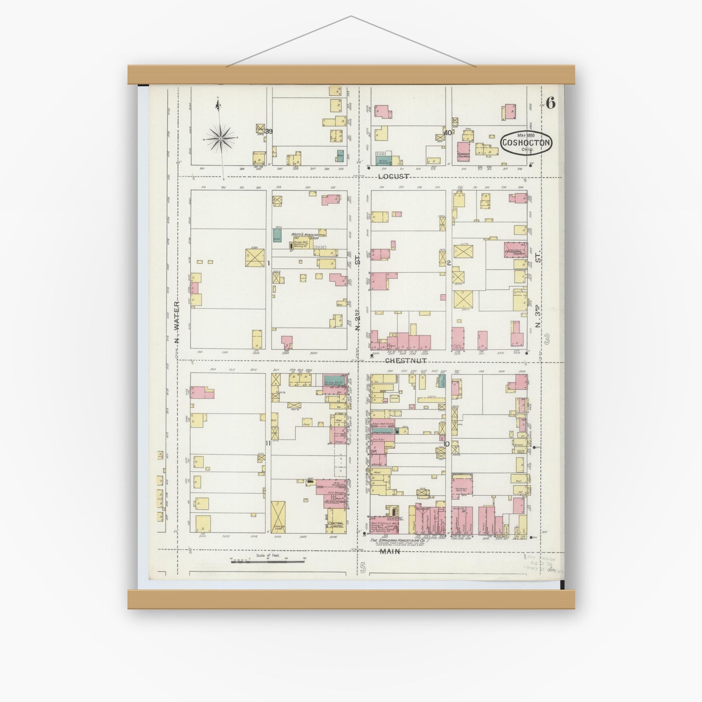 Old map wall art mockup — magnetic wood frame on white wall — Sanborn Fire Insurance Map from Coshocton, Coshocton County, Ohio (1893), Sheet #0006