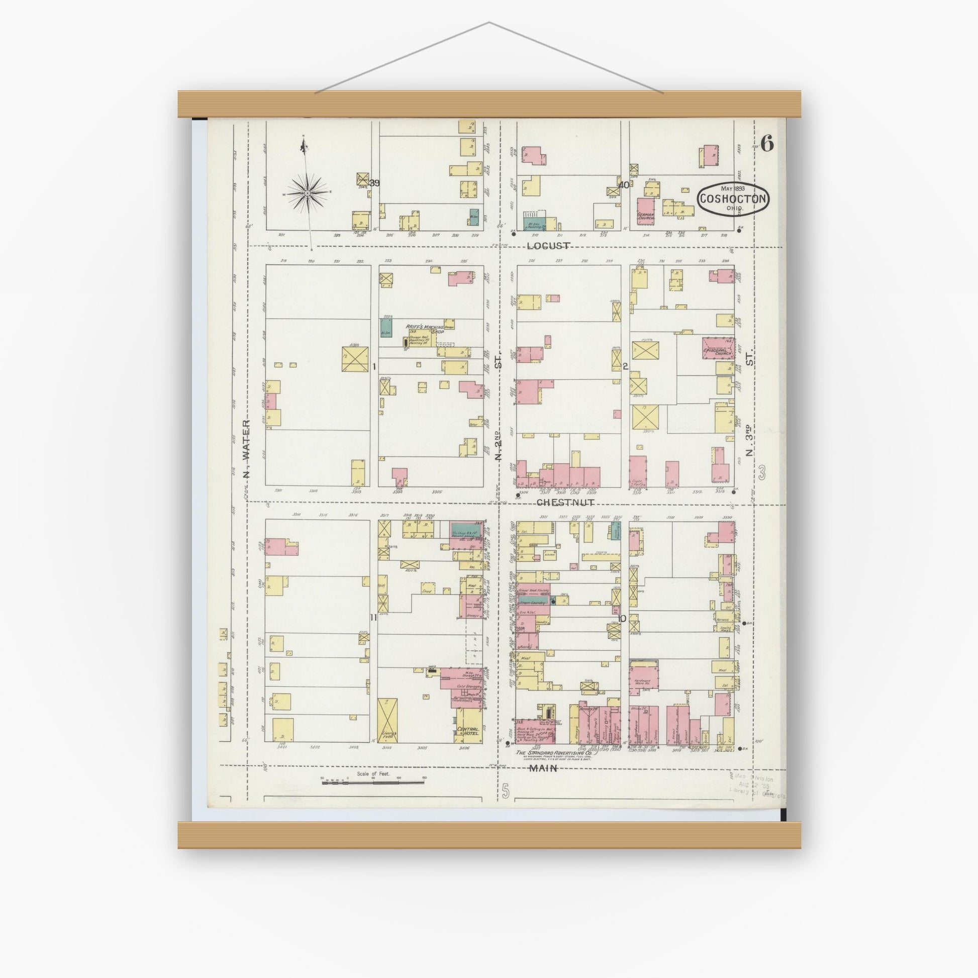 Old map wall art mockup — magnetic wood frame on white wall — Sanborn Fire Insurance Map from Coshocton, Coshocton County, Ohio (1893), Sheet #0006