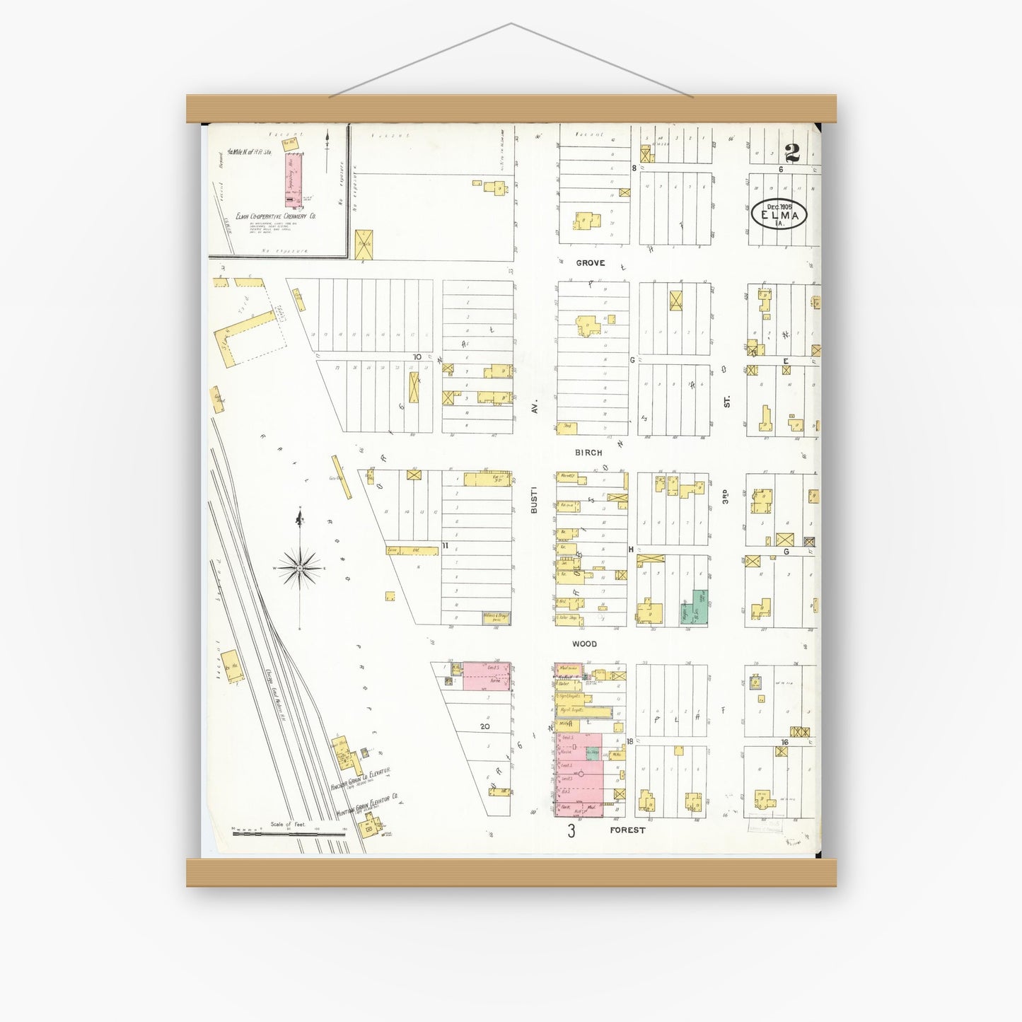 Old map wall art mockup — magnetic wood frame on white wall — Sanborn Fire Insurance Map from Elma, Howard County, Iowa (1905), Sheet #0002
