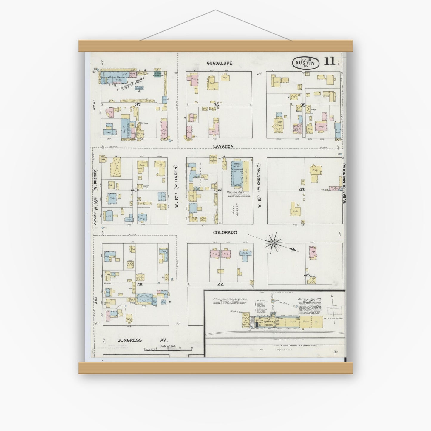 Old map wall art mockup — magnetic wood frame on white wall — Sanborn Fire Insurance Map from Austin, Travis County, Texas (1889), Sheet #0011