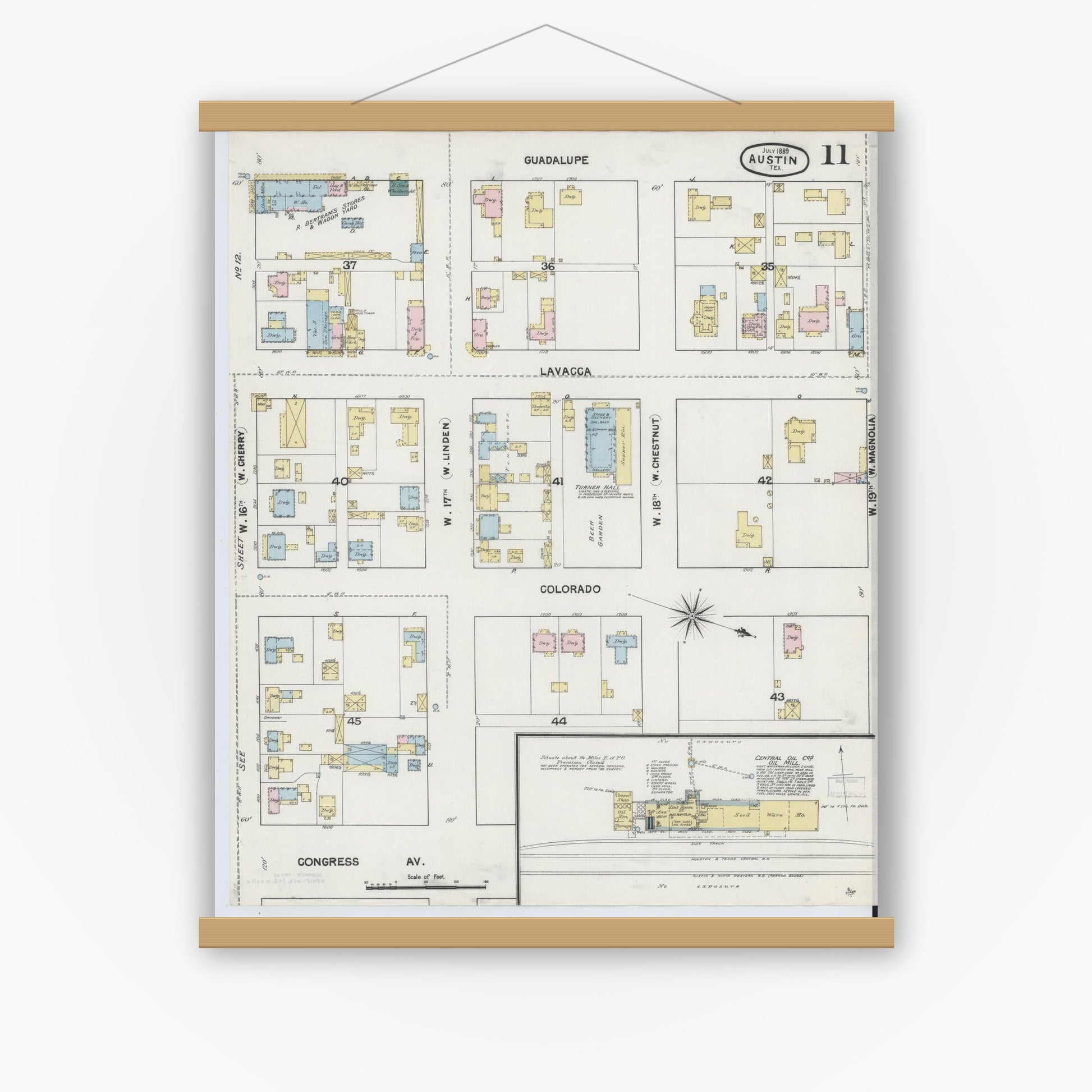 Old map wall art mockup — magnetic wood frame on white wall — Sanborn Fire Insurance Map from Austin, Travis County, Texas (1889), Sheet #0011