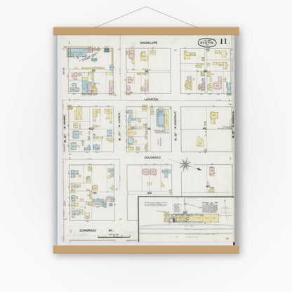 Old map wall art mockup — magnetic wood frame on white wall — Sanborn Fire Insurance Map from Austin, Travis County, Texas (1889), Sheet #0011
