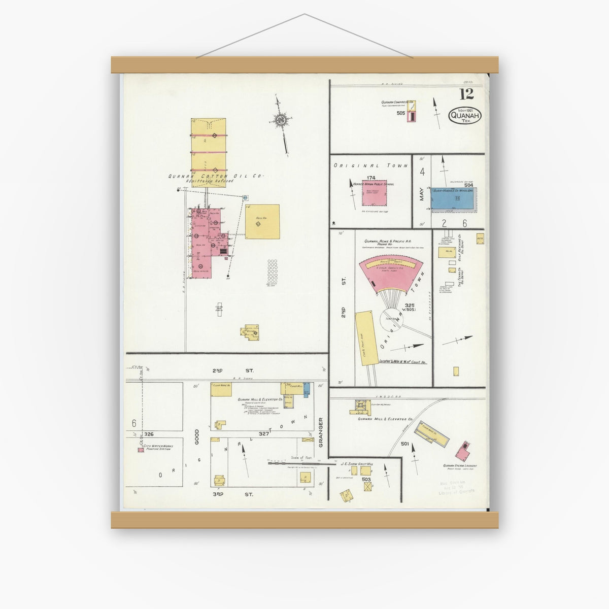 Old map wall art mockup — magnetic wood frame on white wall — Sanborn Fire Insurance Map from Quanah, Hardeman County, Texas (1921), Sheet #0012