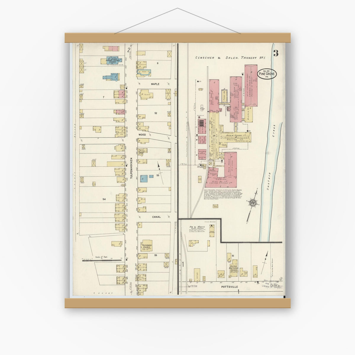 Old map wall art mockup — magnetic wood frame on white wall — Sanborn Fire Insurance Map from Pine Grove, Schuylkill County, Pennsylvania (1911), Sheet #0003