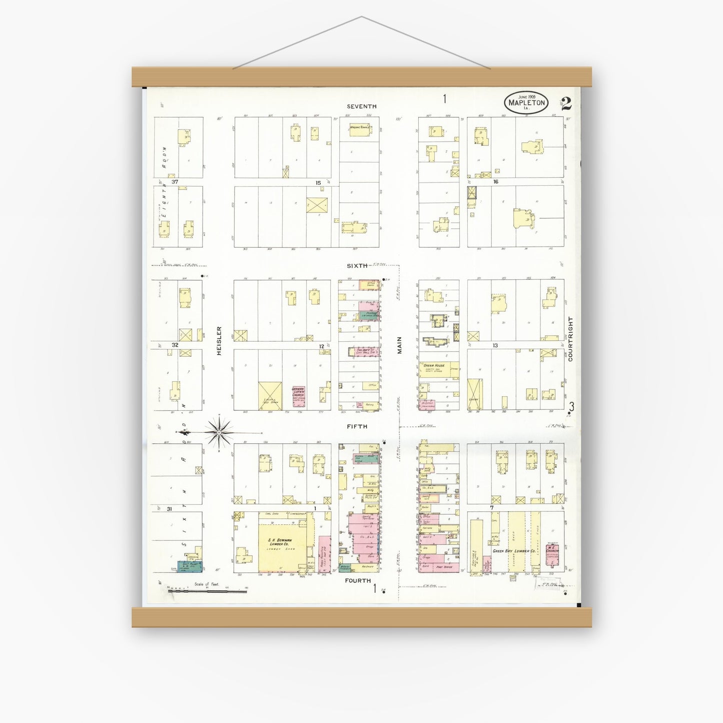 Old map wall art mockup — magnetic wood frame on white wall — Sanborn Fire Insurance Map from Mapleton, Monona County, Iowa (1909), Sheet #0002