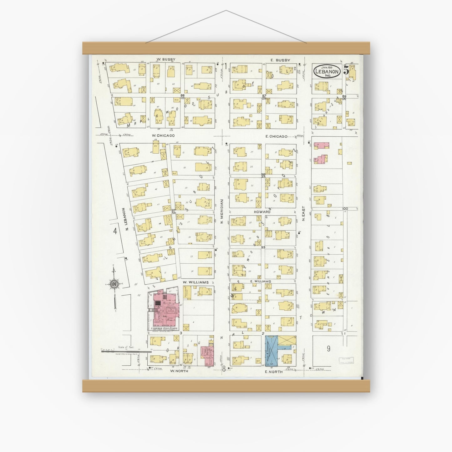Old map wall art mockup — magnetic wood frame on white wall — Sanborn Fire Insurance Map from Lebanon, Boone County, Indiana (1919), Sheet #0005