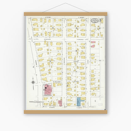 Old map wall art mockup — magnetic wood frame on white wall — Sanborn Fire Insurance Map from Lebanon, Boone County, Indiana (1919), Sheet #0005