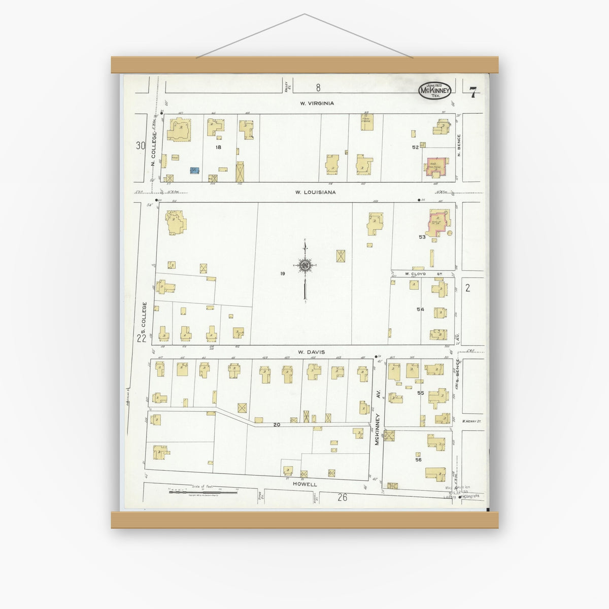 Old map wall art mockup — magnetic wood frame on white wall — Sanborn Fire Insurance Map from McKinney, Collin County, Texas (1920), Sheet #0007