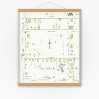 Old map wall art mockup — magnetic wood frame on white wall — Sanborn Fire Insurance Map from McKinney, Collin County, Texas (1920), Sheet #0007