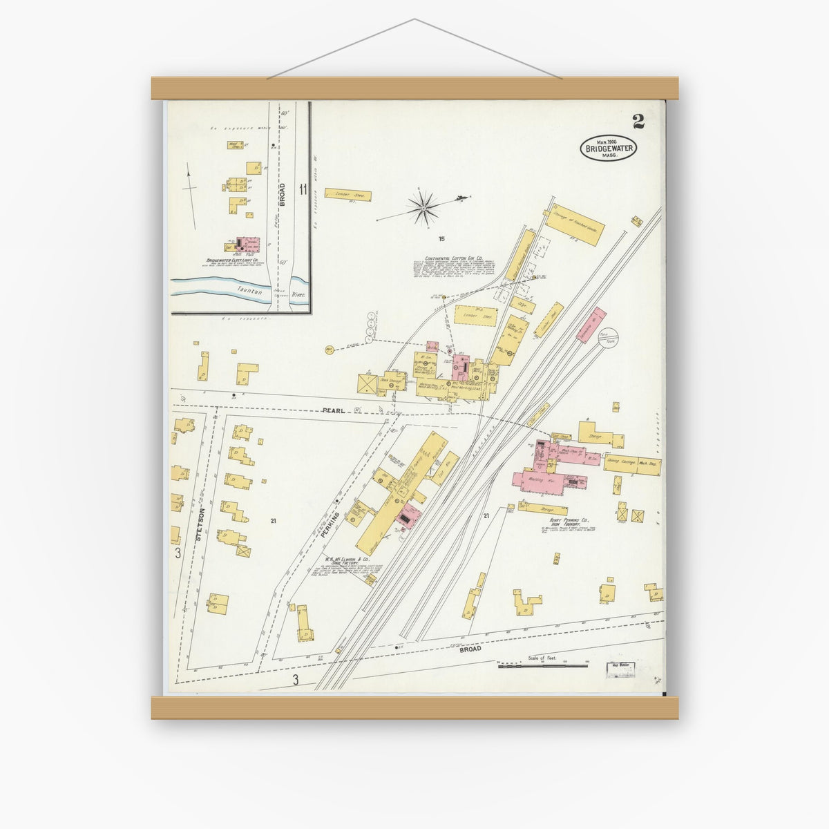 Old map wall art mockup — magnetic wood frame on white wall — Sanborn Fire Insurance Map from Bridgewater, Plymouth County, Massachusetts (1906), Sheet #0002