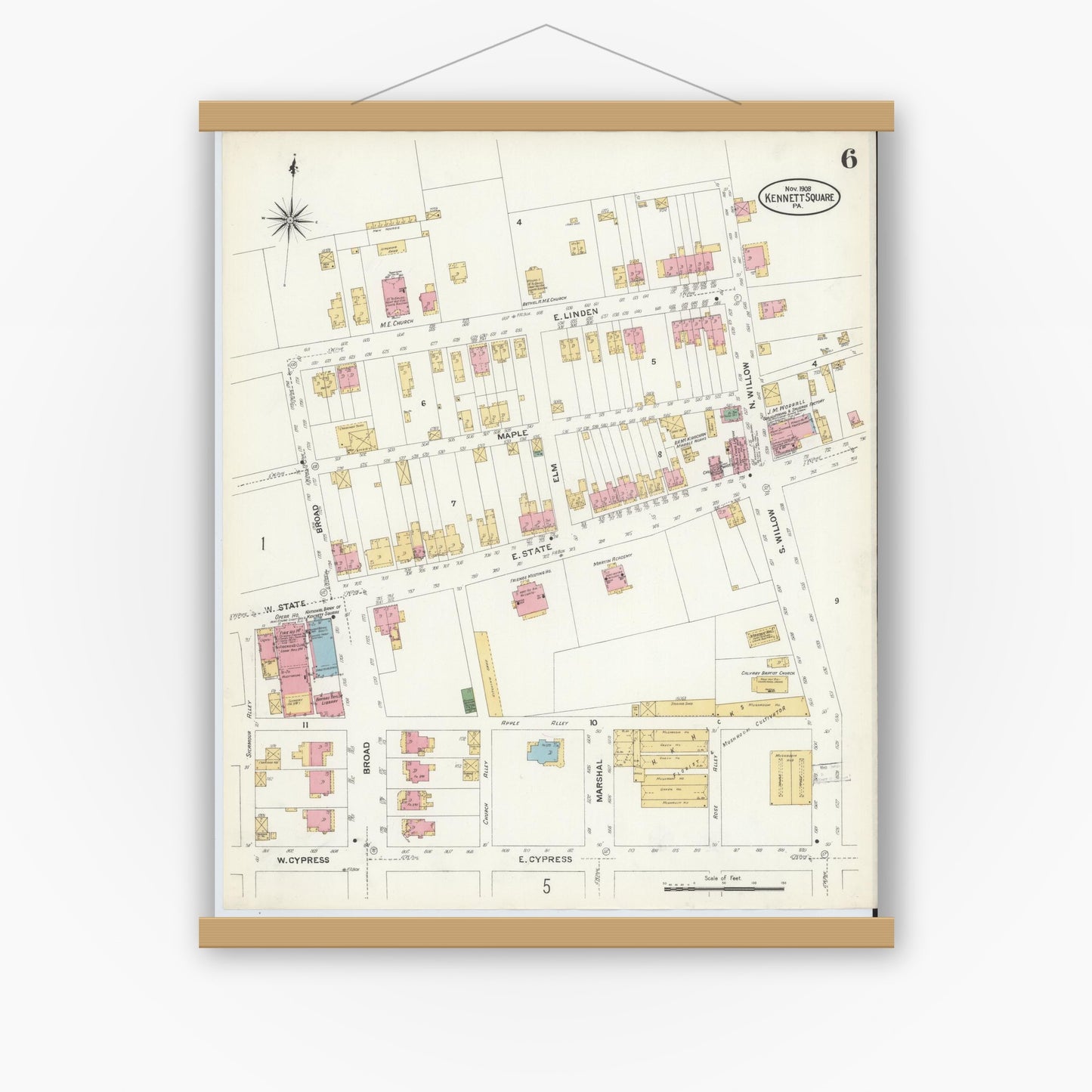 Old map wall art mockup — magnetic wood frame on white wall — Sanborn Fire Insurance Map from Kennett Square, Chester County, Pennsylvania (1908), Sheet #0006