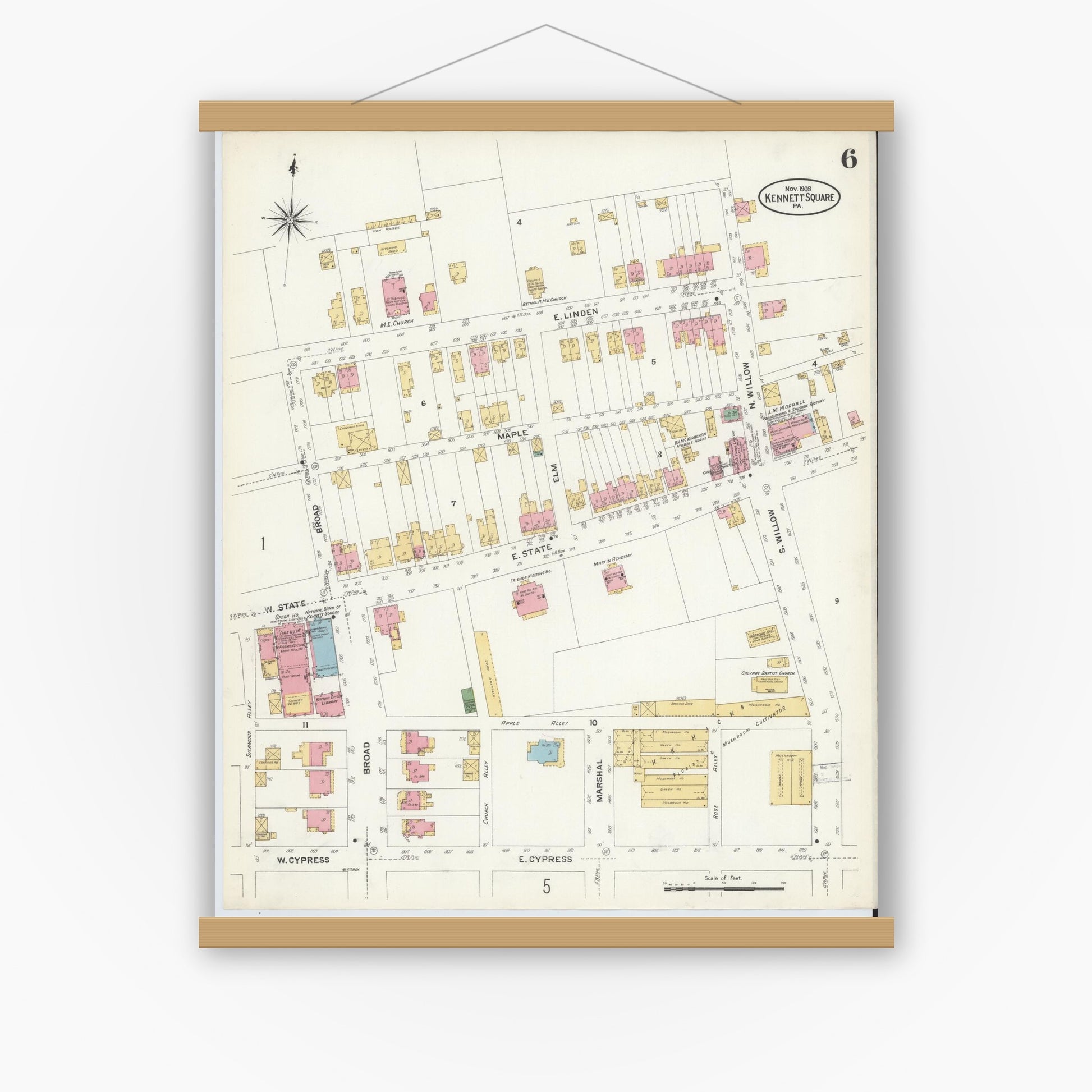 Old map wall art mockup — magnetic wood frame on white wall — Sanborn Fire Insurance Map from Kennett Square, Chester County, Pennsylvania (1908), Sheet #0006