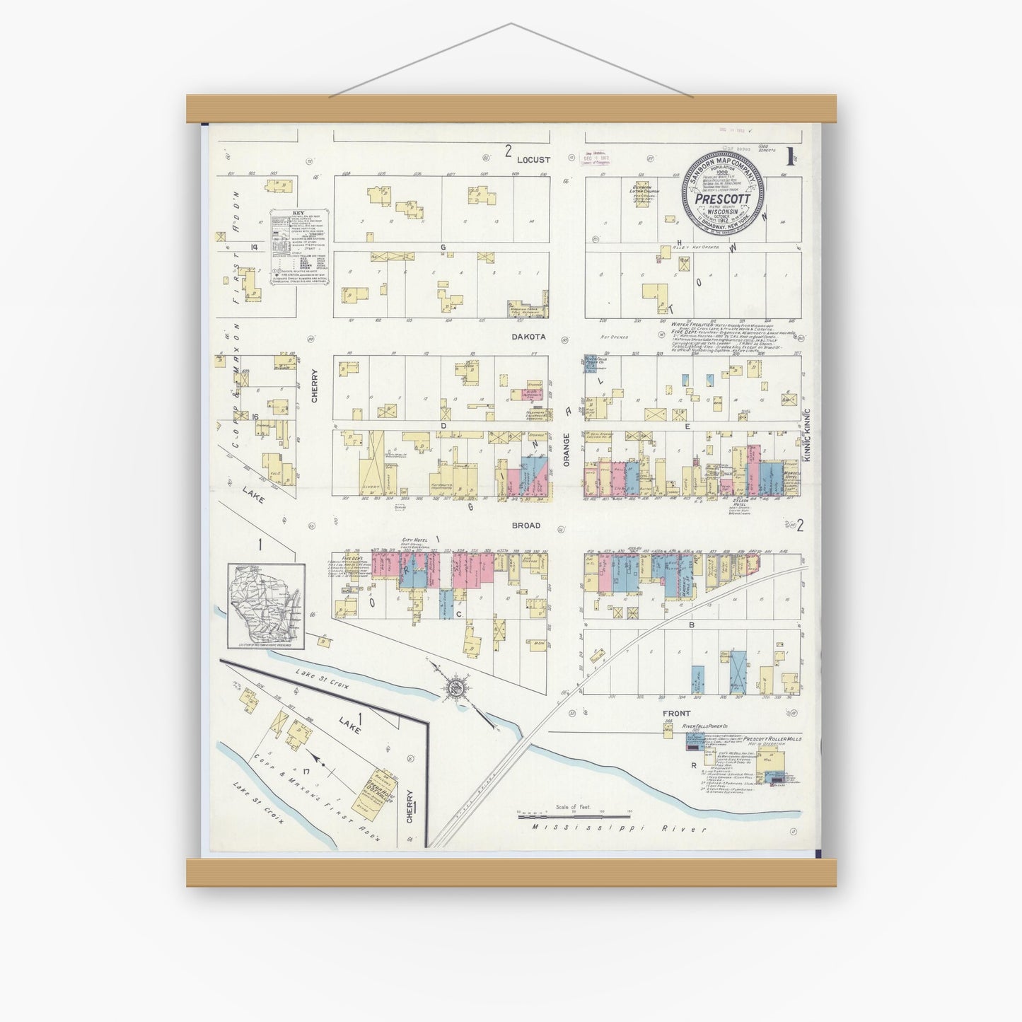 Old map wall art mockup — magnetic wood frame on white wall — Sanborn Fire Insurance Map from Prescott, Pierce County, Wisconsin (1912) - Complete Map Set