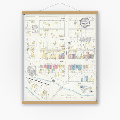 Old map wall art mockup — magnetic wood frame on white wall — Sanborn Fire Insurance Map from Prescott, Pierce County, Wisconsin (1912) - Complete Map Set
