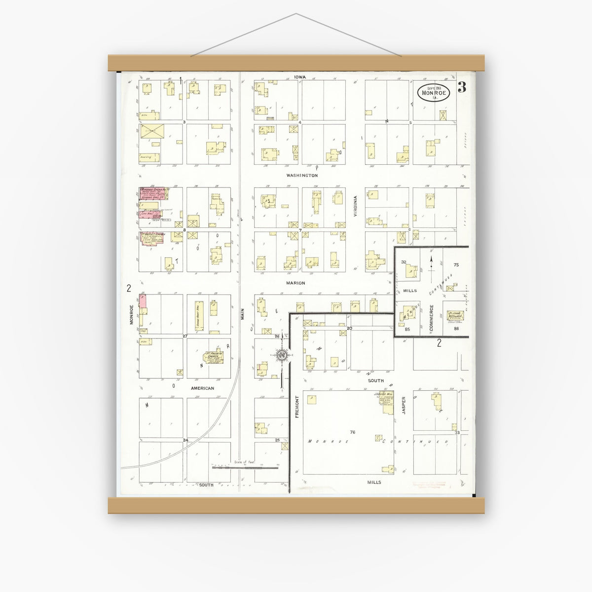 Old map wall art mockup — magnetic wood frame on white wall — Sanborn Fire Insurance Map from Monroe, Jasper County, Iowa (1911), Sheet #0003