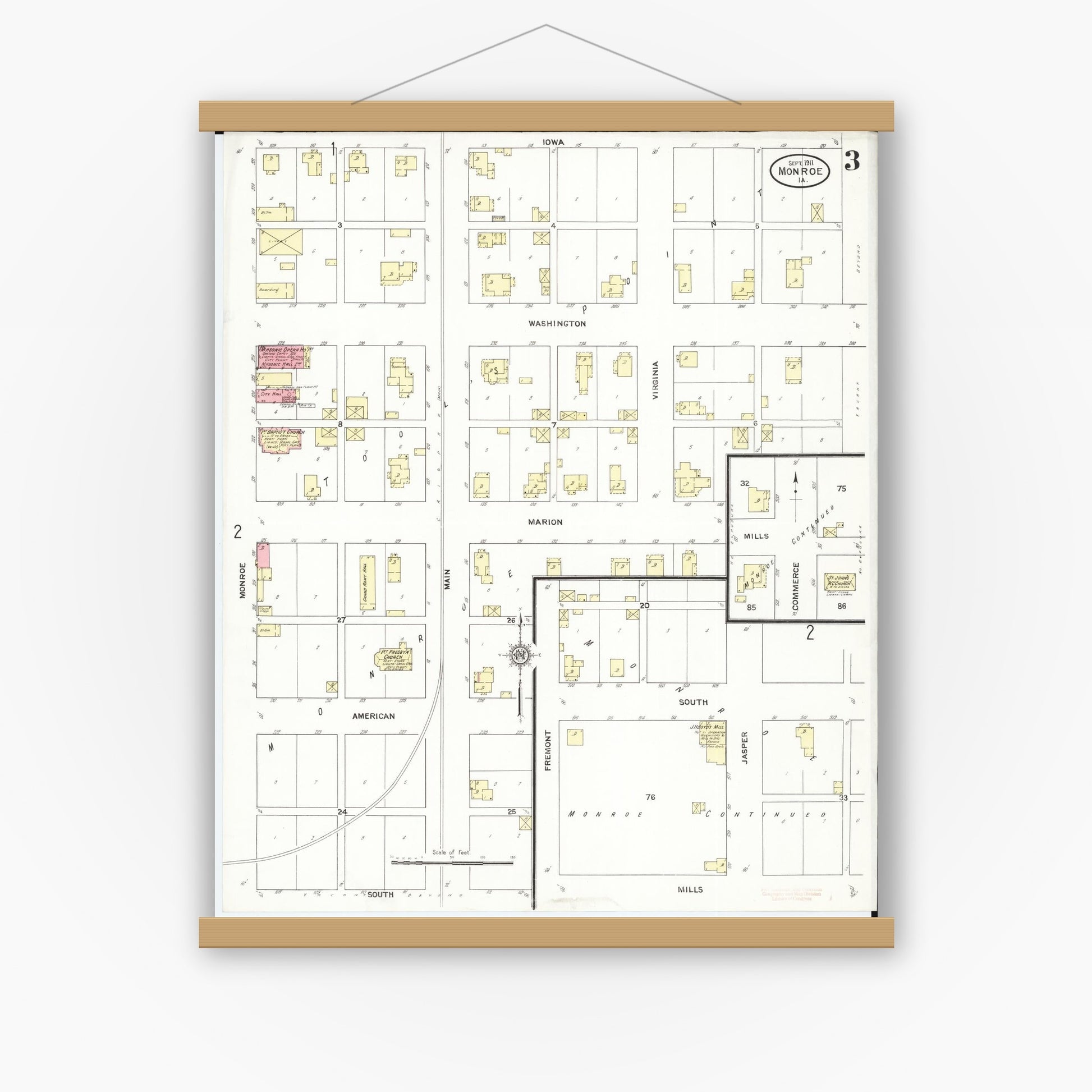 Old map wall art mockup — magnetic wood frame on white wall — Sanborn Fire Insurance Map from Monroe, Jasper County, Iowa (1911), Sheet #0003