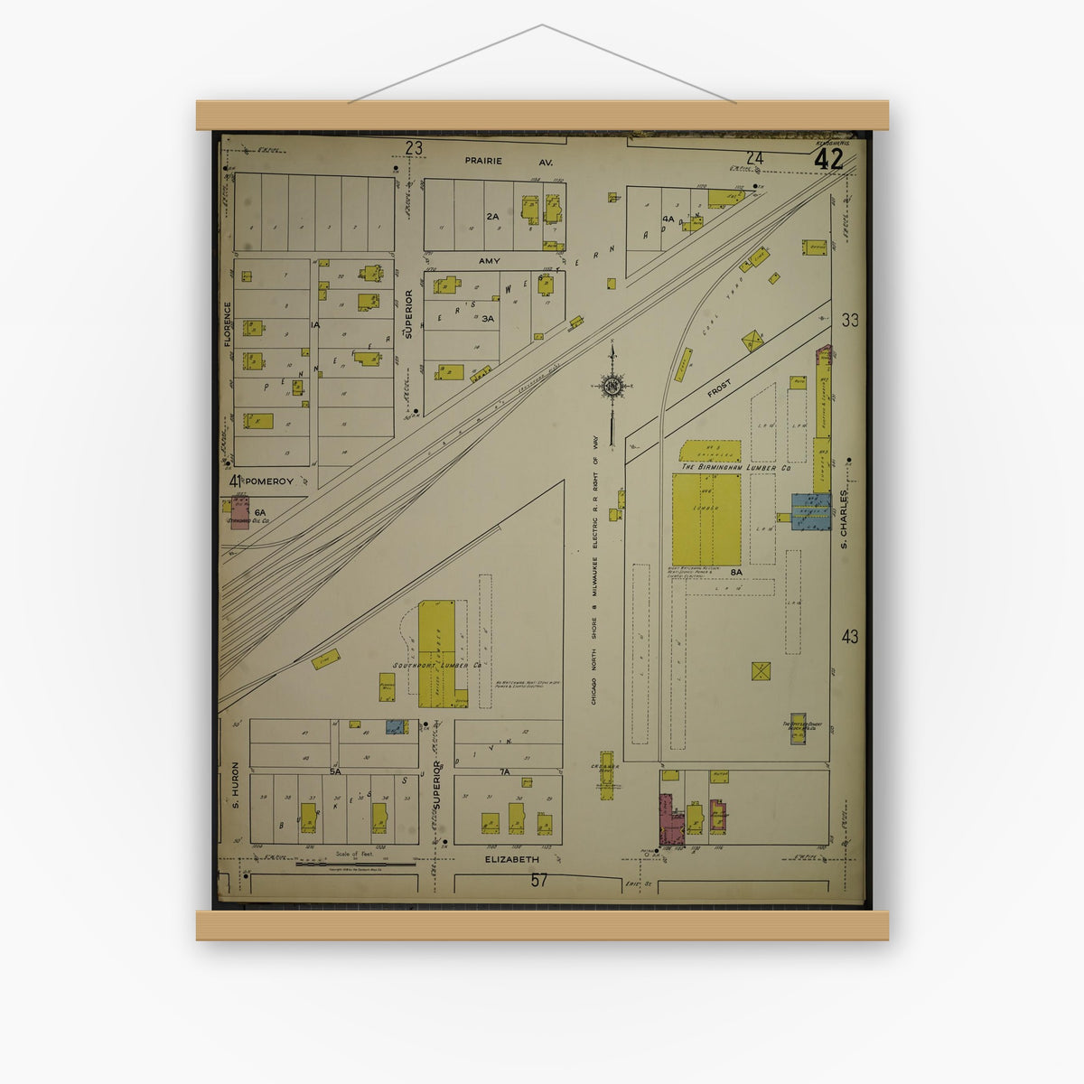 Old map wall art mockup — magnetic wood frame on white wall — Sanborn Fire Insurance Map from Kenosha, Kenosha County, Wisconsin. (1918), Sheet 46