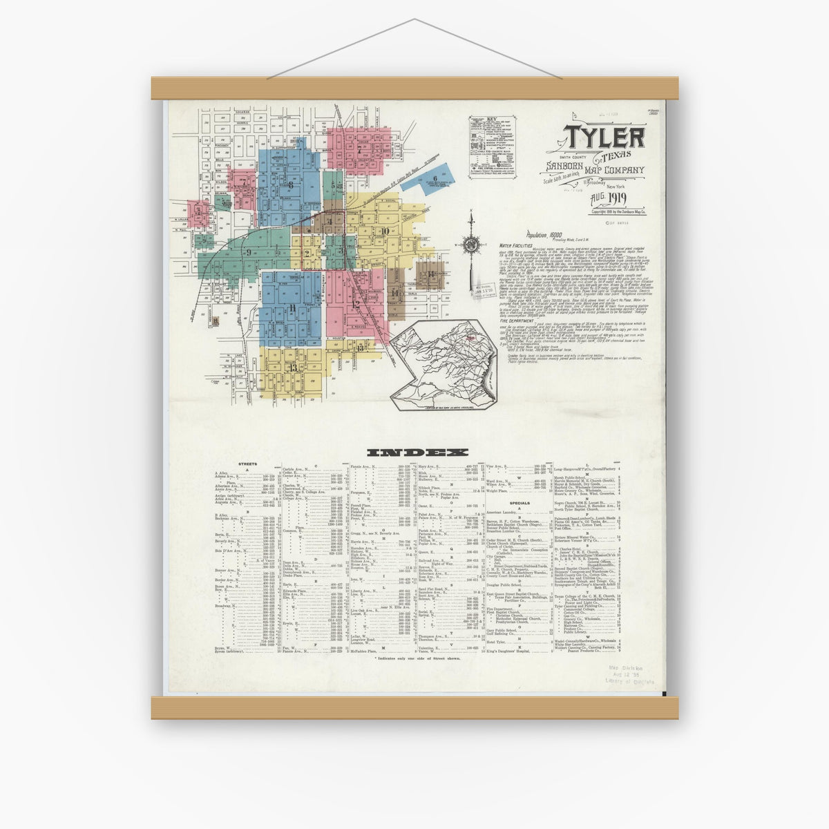 Old map wall art mockup — magnetic wood frame on white wall — Sanborn Fire Insurance Map from Tyler, Smith County, Texas (1919) - Complete Map Set
