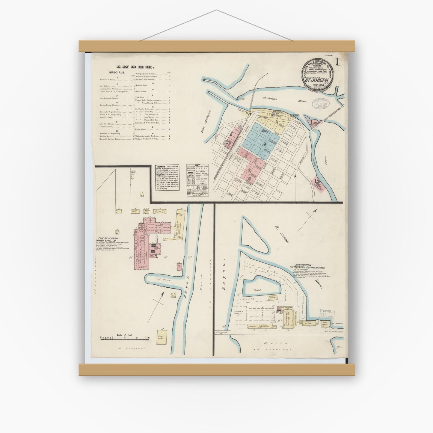 Old map wall art mockup — magnetic wood frame on white wall — Sanborn Fire Insurance Map from Saint Joseph, Berrien County, Michigan (1884) - Complete Map Set