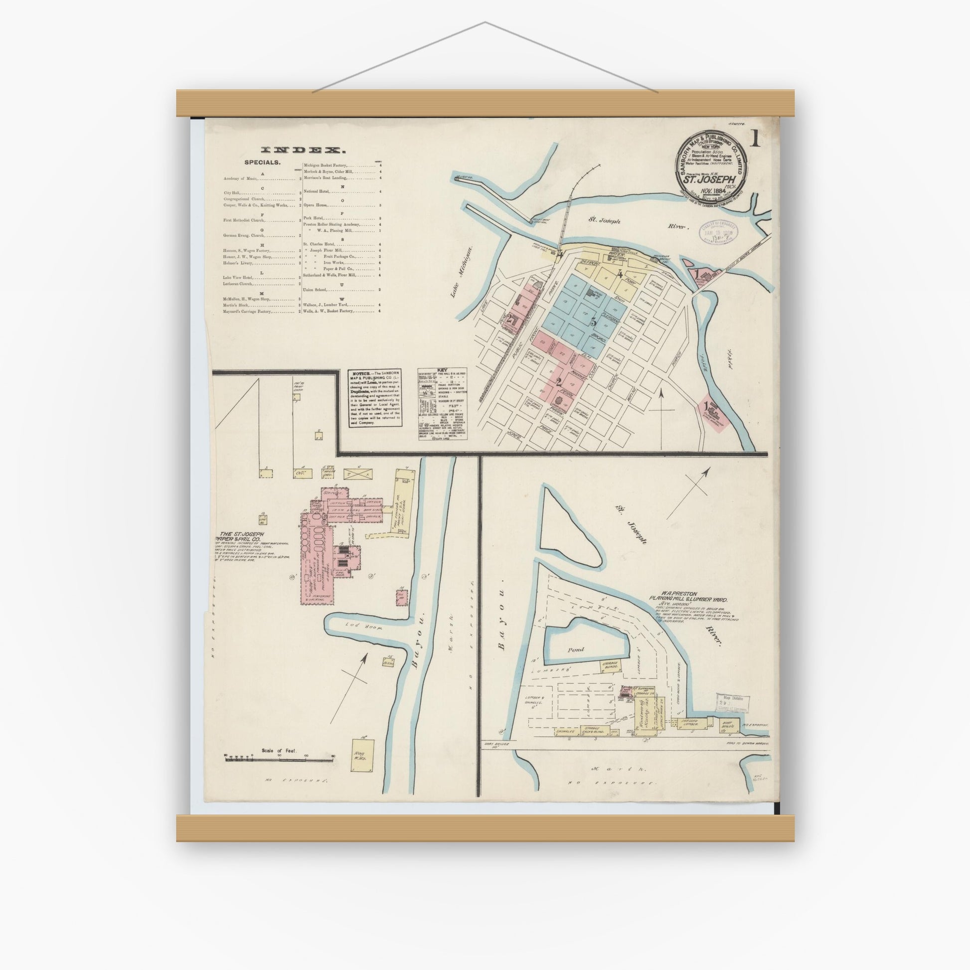 Old map wall art mockup — magnetic wood frame on white wall — Sanborn Fire Insurance Map from Saint Joseph, Berrien County, Michigan (1884) - Complete Map Set