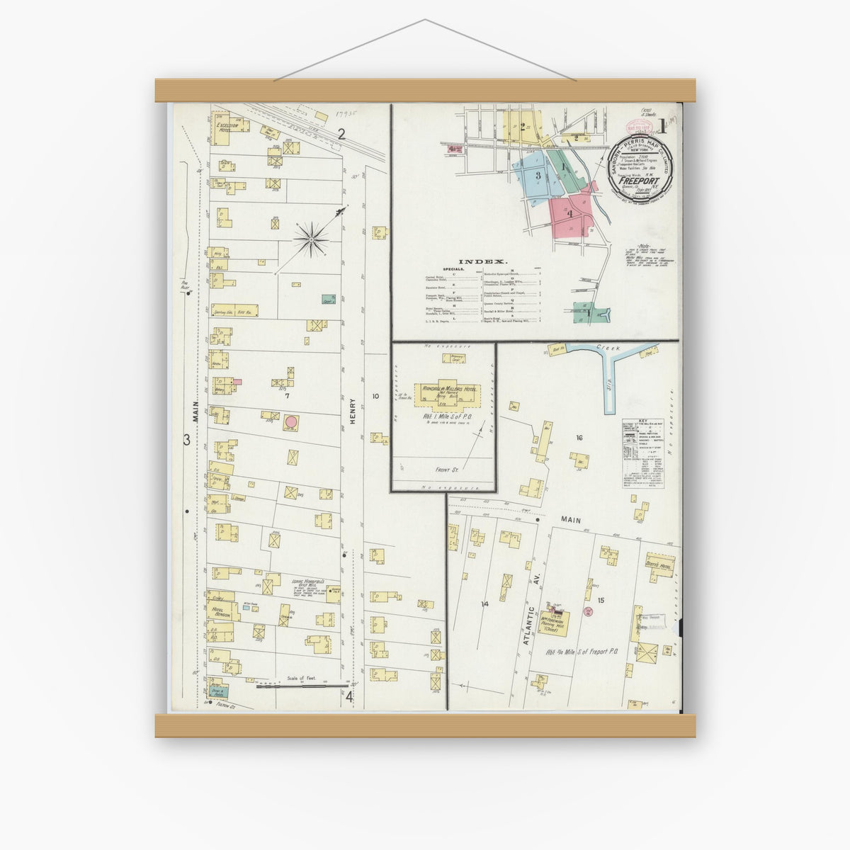 Old map wall art mockup — magnetic wood frame on white wall — Sanborn Fire Insurance Map from Freeport, Nassau County, New York (1897) - Complete Map Set