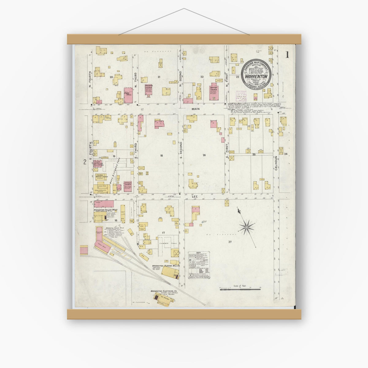 Old map wall art mockup — magnetic wood frame on white wall — Sanborn Fire Insurance Map from Warrenton, Fauquier County, Virginia (1908), Sheet #0001