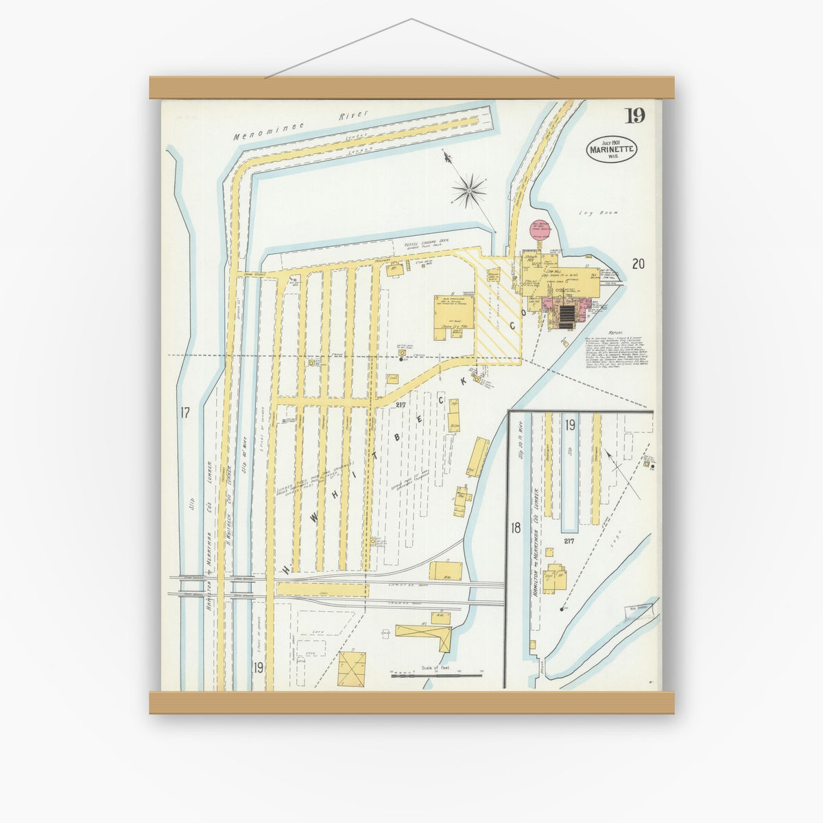 Old map wall art mockup — magnetic wood frame on white wall — Sanborn Fire Insurance Map from Marinette, Marinette County, Wisconsin (1901), Sheet #0019
