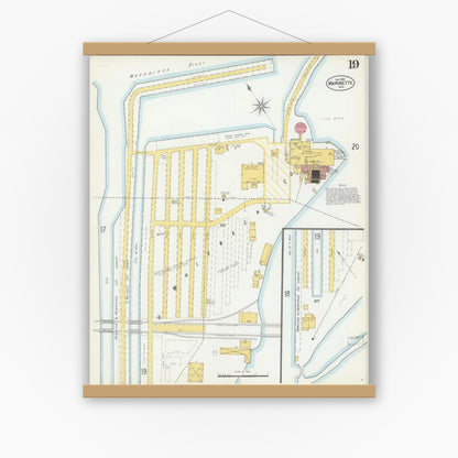 Old map wall art mockup — magnetic wood frame on white wall — Sanborn Fire Insurance Map from Marinette, Marinette County, Wisconsin (1901), Sheet #0019
