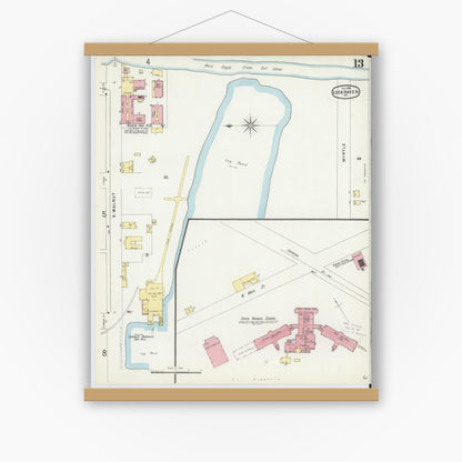 Old map wall art mockup — magnetic wood frame on white wall — Sanborn Fire Insurance Map from Lock Haven, Clinton County, Pennsylvania (1896), Sheet #0013