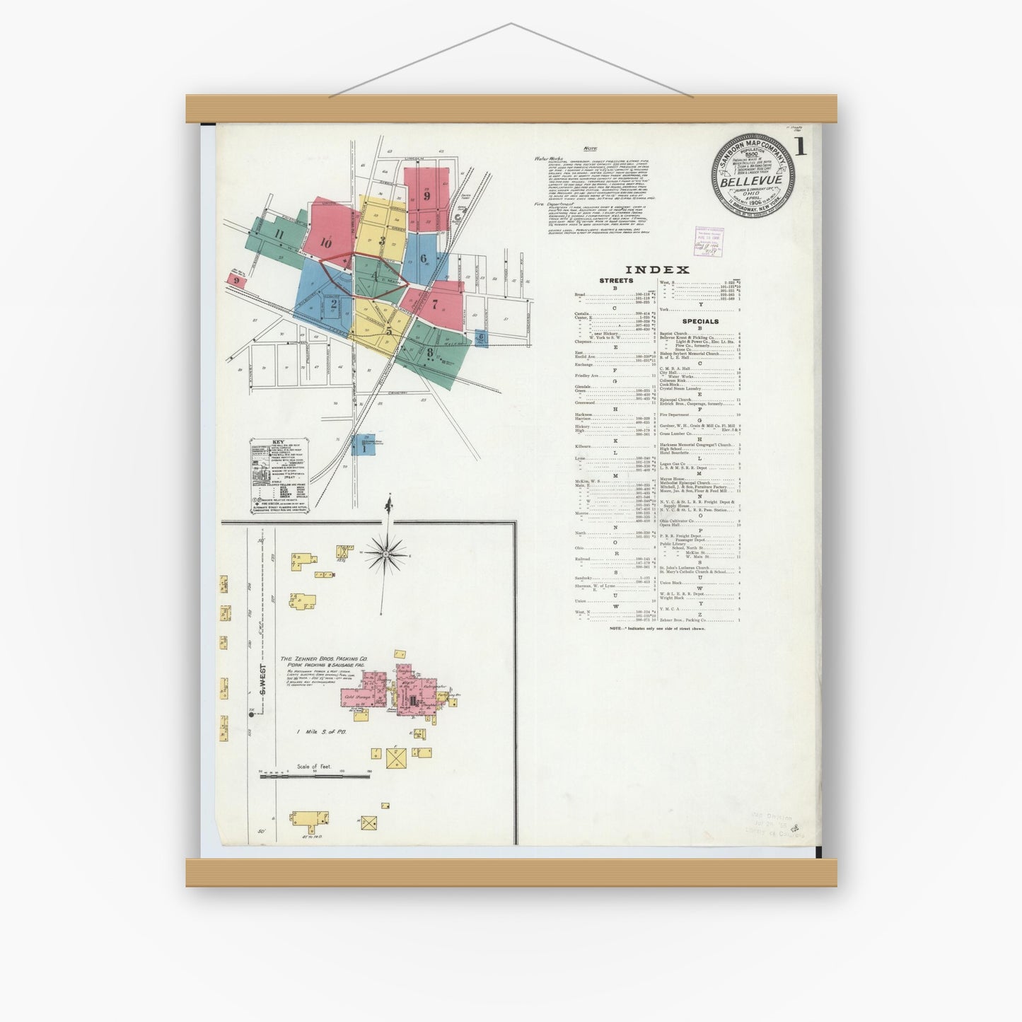 Old map wall art mockup — magnetic wood frame on white wall — Sanborn Fire Insurance Map from Bellevue, Huron And Sandusky County, Ohio (1906), Sheet #0001