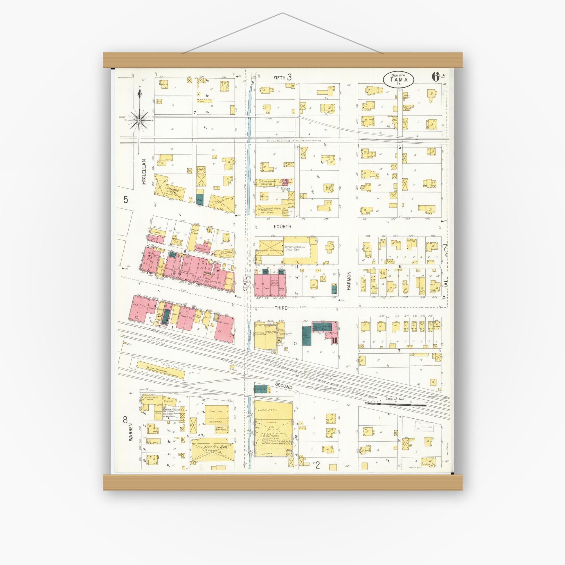 Old map wall art mockup — magnetic wood frame on white wall — Sanborn Fire Insurance Map from Tama, Tama County, Iowa (1906), Sheet #0006