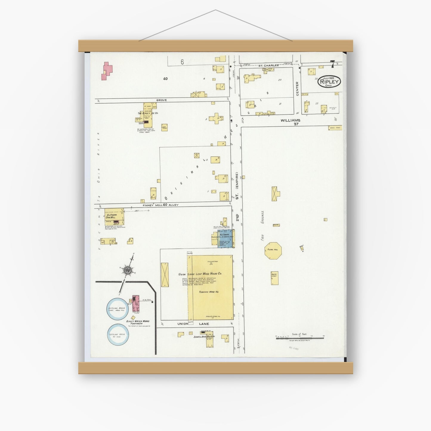 Old map wall art mockup — magnetic wood frame on white wall — Sanborn Fire Insurance Map from Ripley, Brown County, Ohio (1920), Sheet #0007