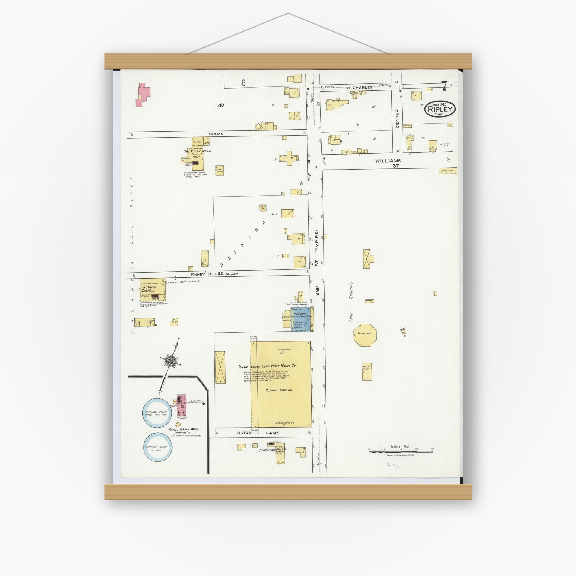 Old map wall art mockup — magnetic wood frame on white wall — Sanborn Fire Insurance Map from Ripley, Brown County, Ohio (1920), Sheet #0007
