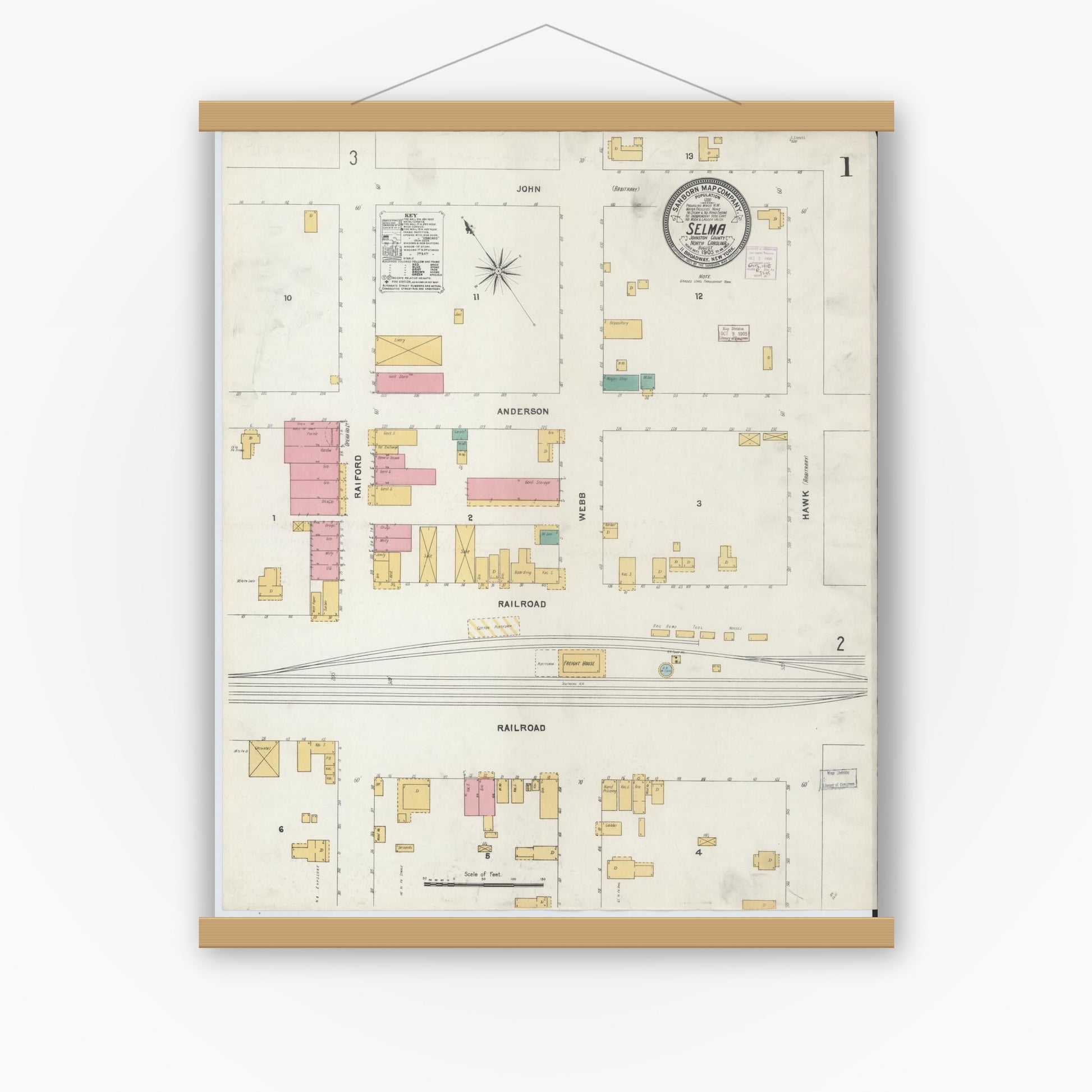 Old map wall art mockup — magnetic wood frame on white wall — Sanborn Fire Insurance Map from Selma, Johnston County, North Carolina (1905) - Complete Map Set