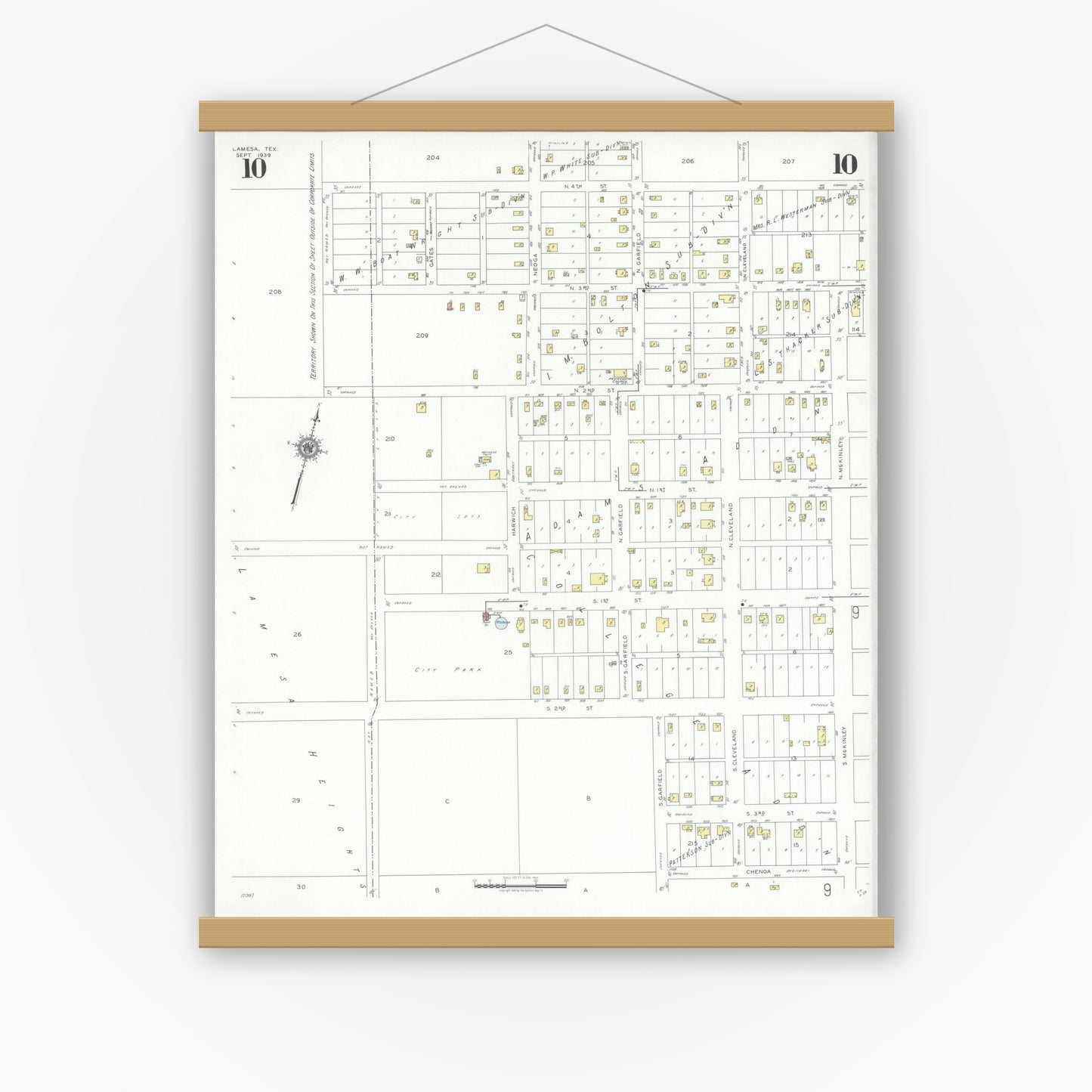 Old map wall art mockup — magnetic wood frame on white wall — Sanborn Fire Insurance Map from Lamesa, Dawson County, Texas (1939), Sheet #0010