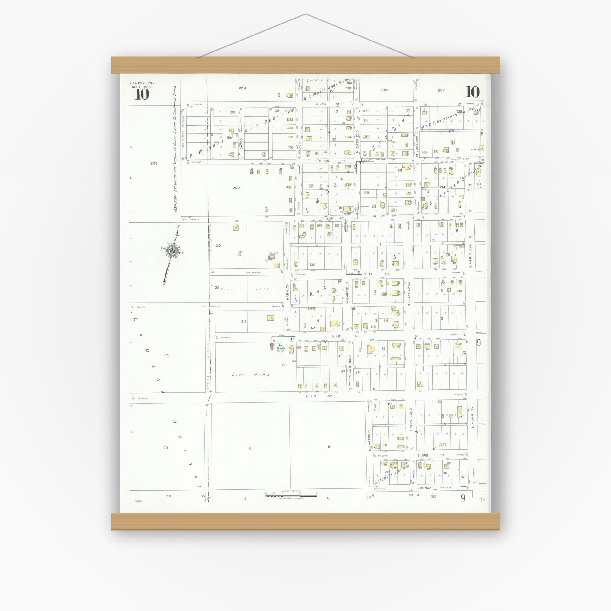 Old map wall art mockup — magnetic wood frame on white wall — Sanborn Fire Insurance Map from Lamesa, Dawson County, Texas (1939), Sheet #0010
