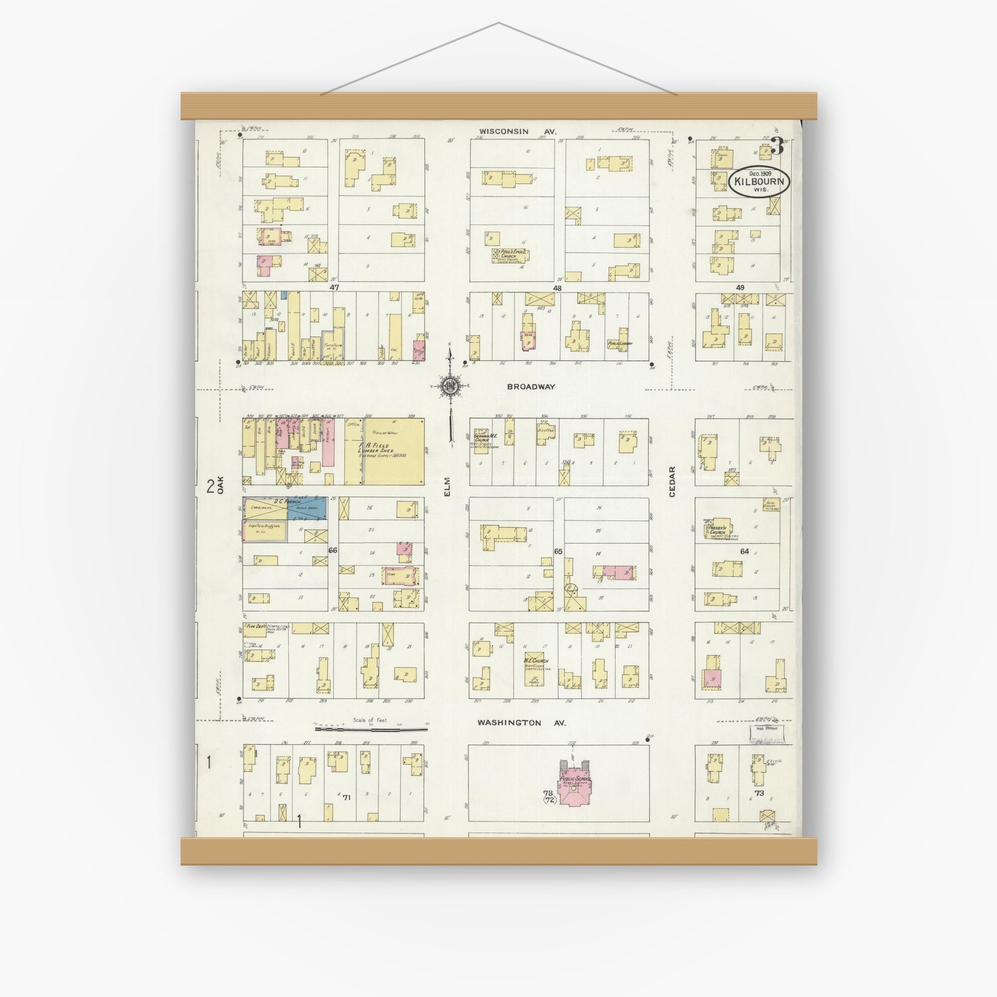 Old map wall art mockup — magnetic wood frame on white wall — Sanborn Fire Insurance Map from Kilbourn, Columbia County, Wisconsin (1909), Sheet #0003
